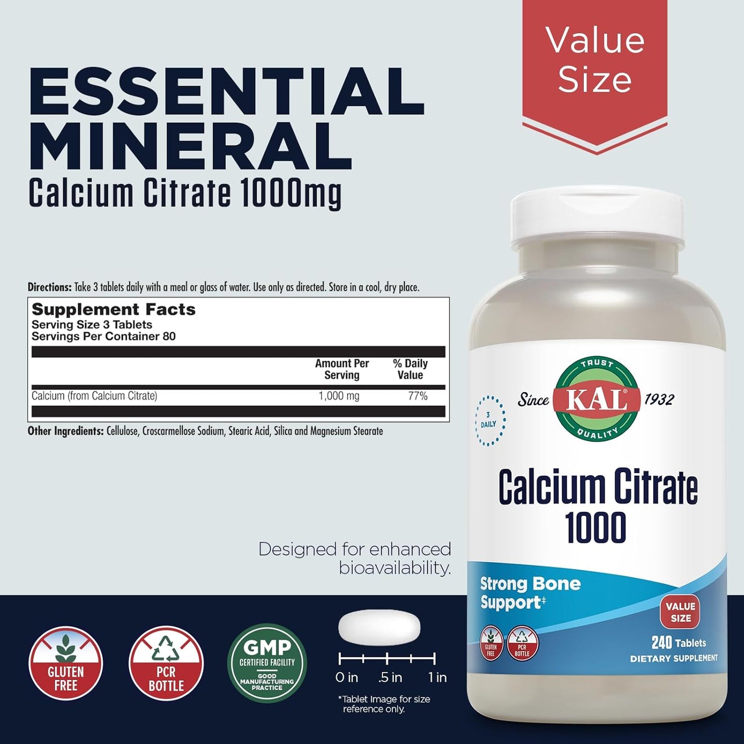 High Potency Calcium Citrate Supplements for Bone, Teeth & Muscle Health, Gluten Free, 240 Tablets - KAL Calcium Citrate 1000mg, 80 Servings