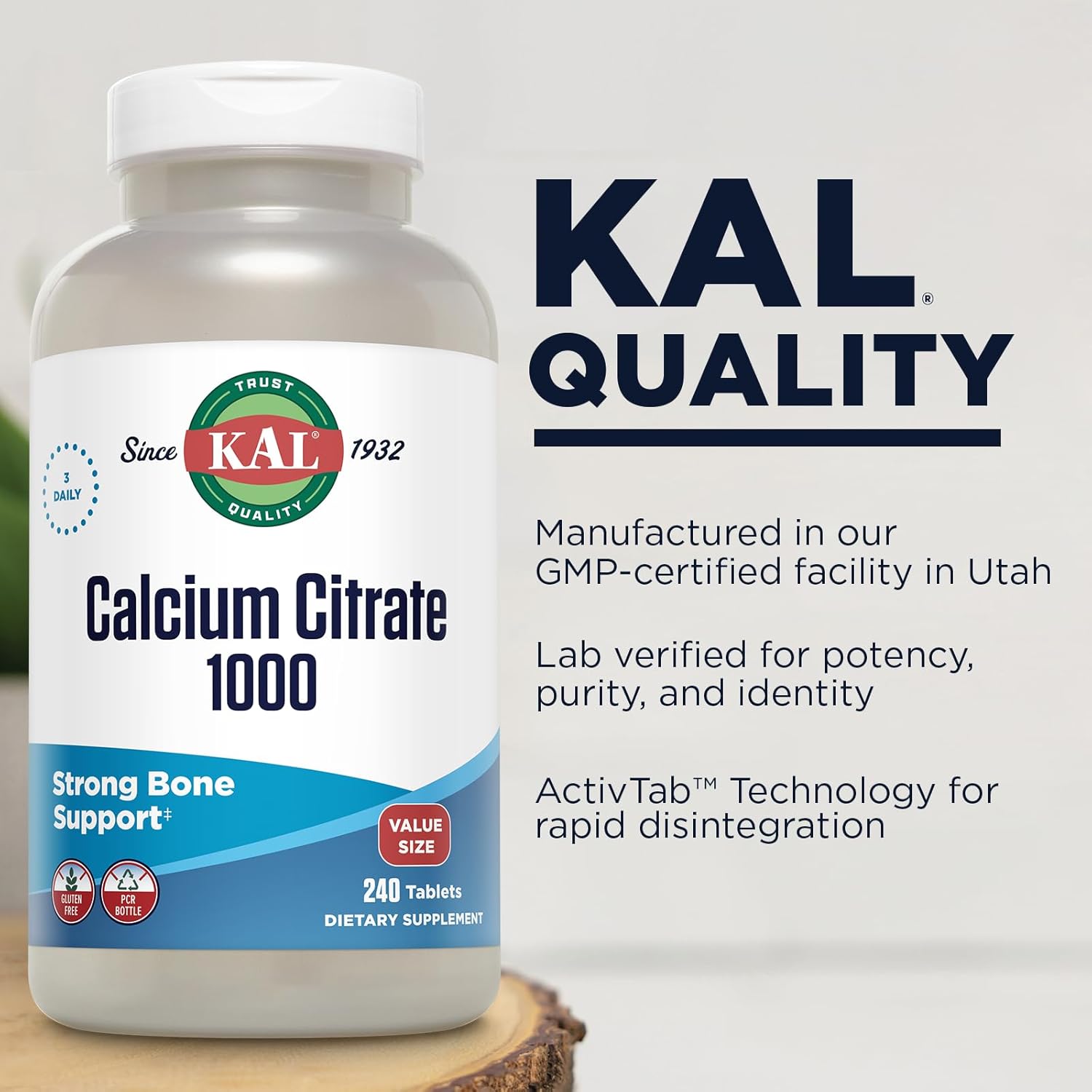High Potency Calcium Citrate Supplements for Bone, Teeth & Muscle Health, Gluten Free, 240 Tablets - KAL Calcium Citrate 1000mg, 80 Servings