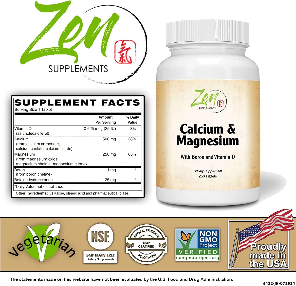 High Potency Calcium Magnesium Supplement with Vitamin D3 and Boron for Bone Health and Density - 250 Tablets by Zen Supplements