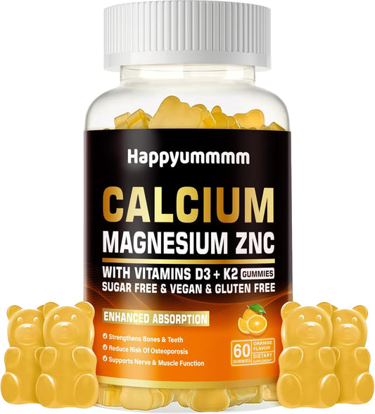 High Potency Calcium Magnesium Zinc Gummies with Vitamin D3 & K2 for Enhanced Absorption - 60 Orange Flavored Gummies