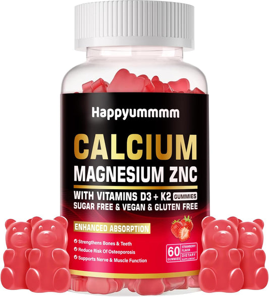 High Potency Calcium Magnesium Zinc Gummies with Vitamin D3 & K2 - 60 Strawberry Flavored Gummies for Enhanced Absorption