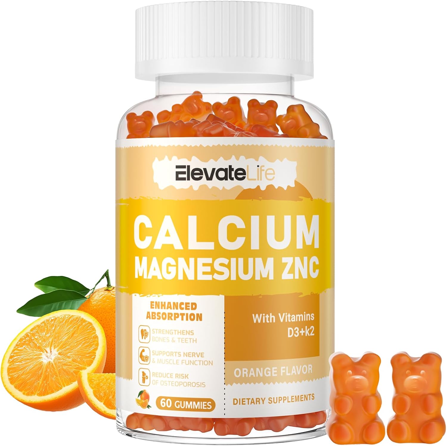 High Potency Calcium Magnesium Zinc Gummies with Vitamin D3 & K2 for Enhanced Absorption - 60 Orange Flavored Gummies