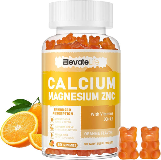 High Potency Calcium Magnesium Zinc Gummies with Vitamin D3 & K2 for Enhanced Absorption - 60 Orange Flavored Gummies