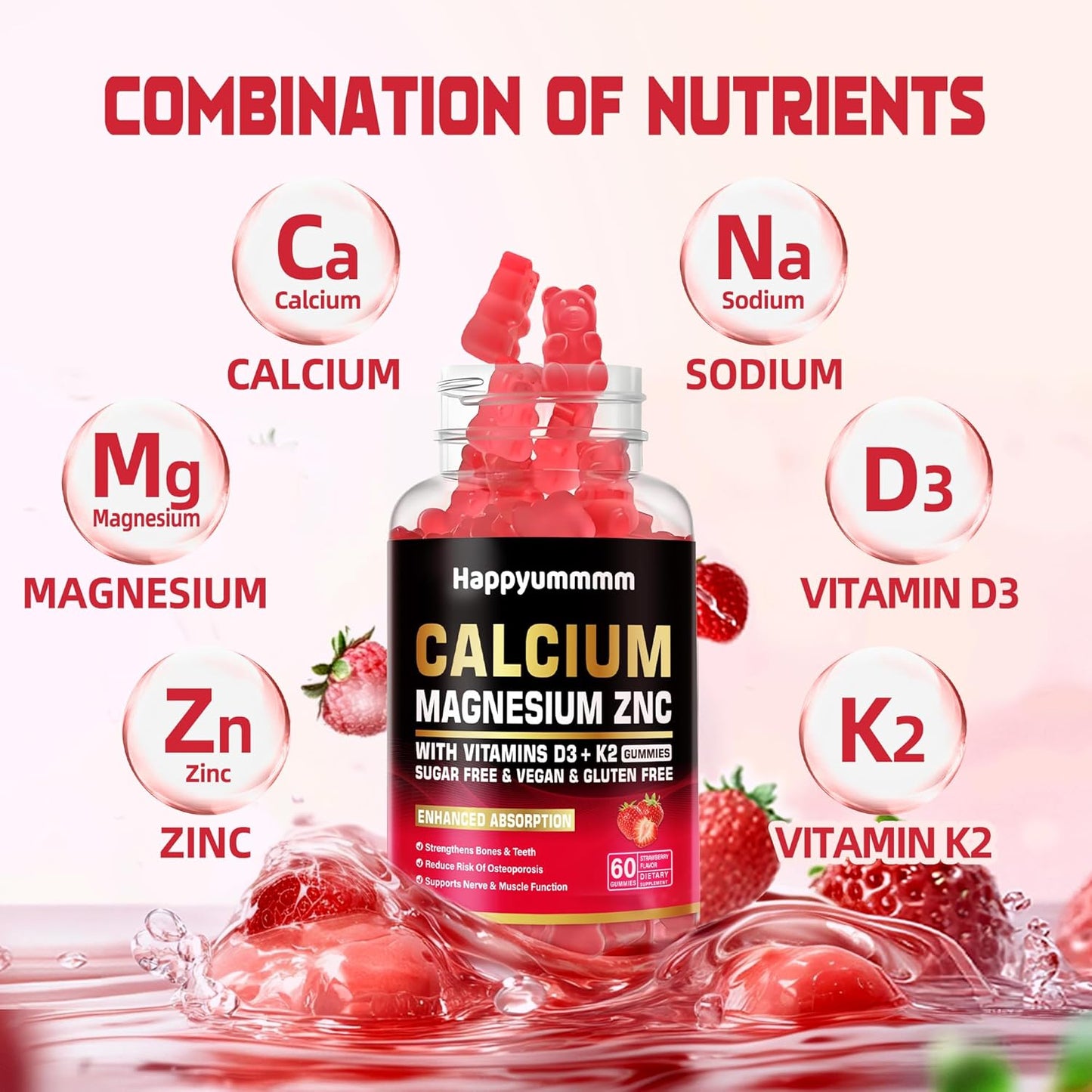 High Potency Calcium Magnesium Zinc Gummies with Vitamin D3 & K2 - 60 Strawberry Flavored Gummies for Enhanced Absorption