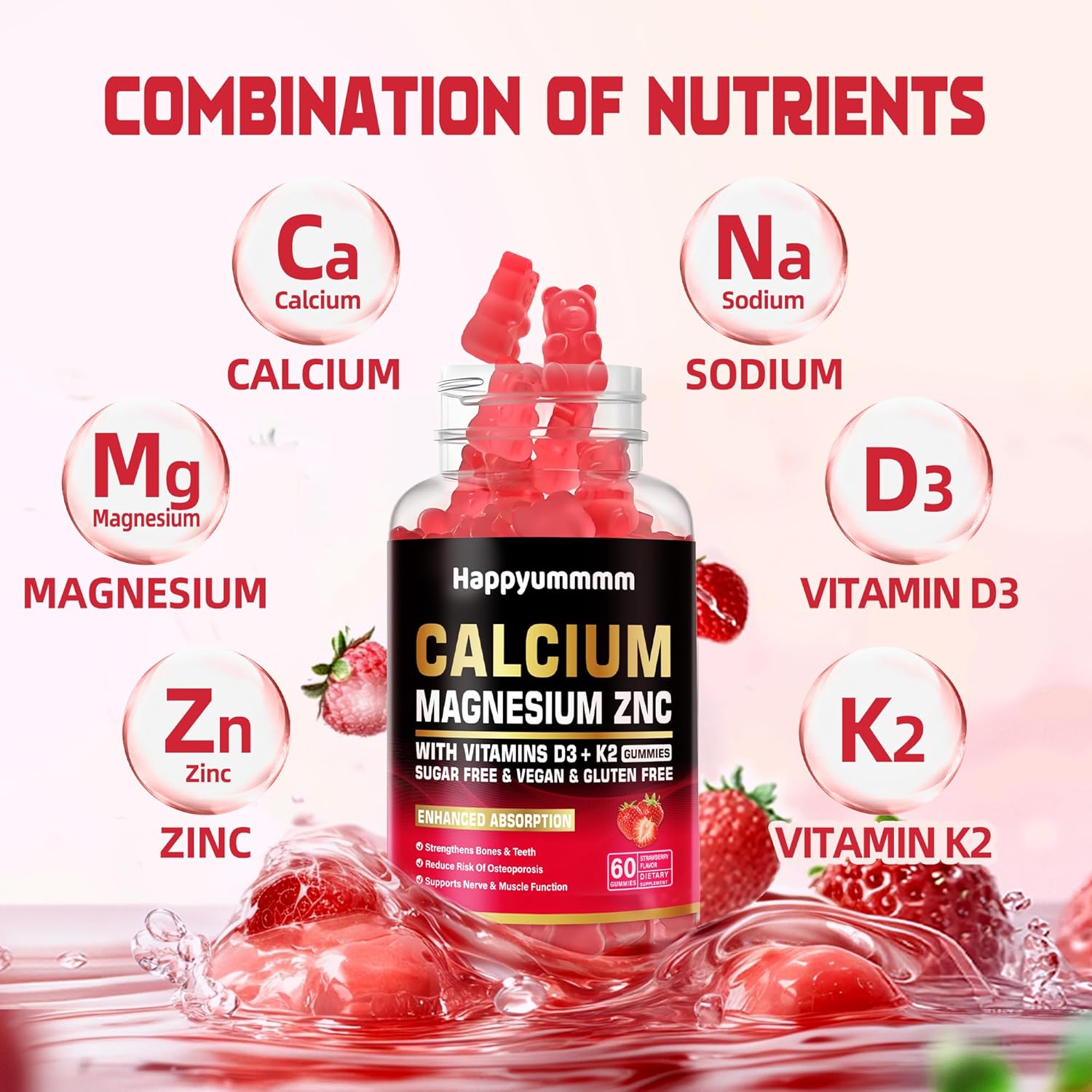 High Potency Calcium Magnesium Zinc Gummies with Vitamin D3 & K2 - 60 Strawberry Flavored Gummies for Enhanced Absorption