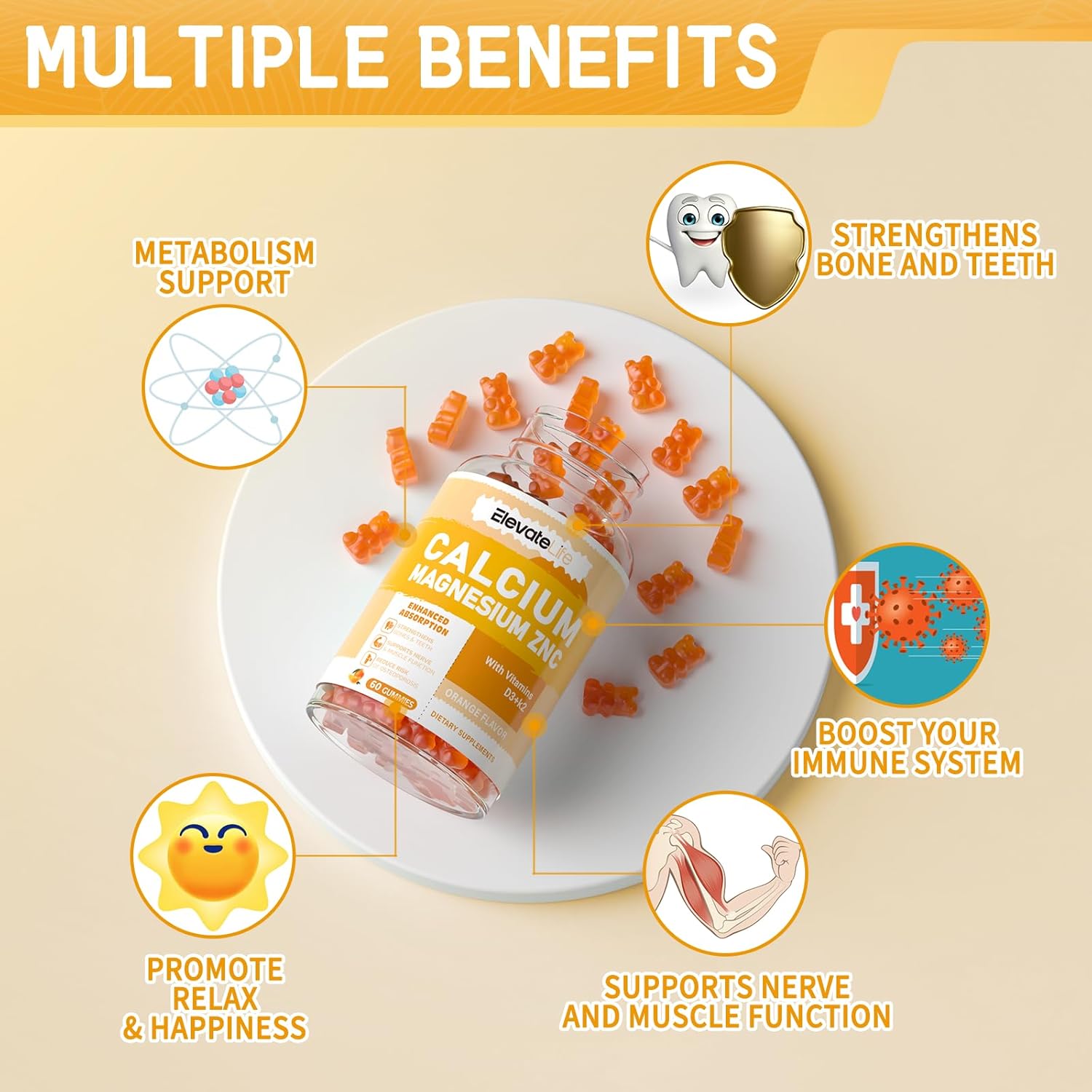 High Potency Calcium Magnesium Zinc Gummies with Vitamin D3 & K2 for Enhanced Absorption - 60 Orange Flavored Gummies