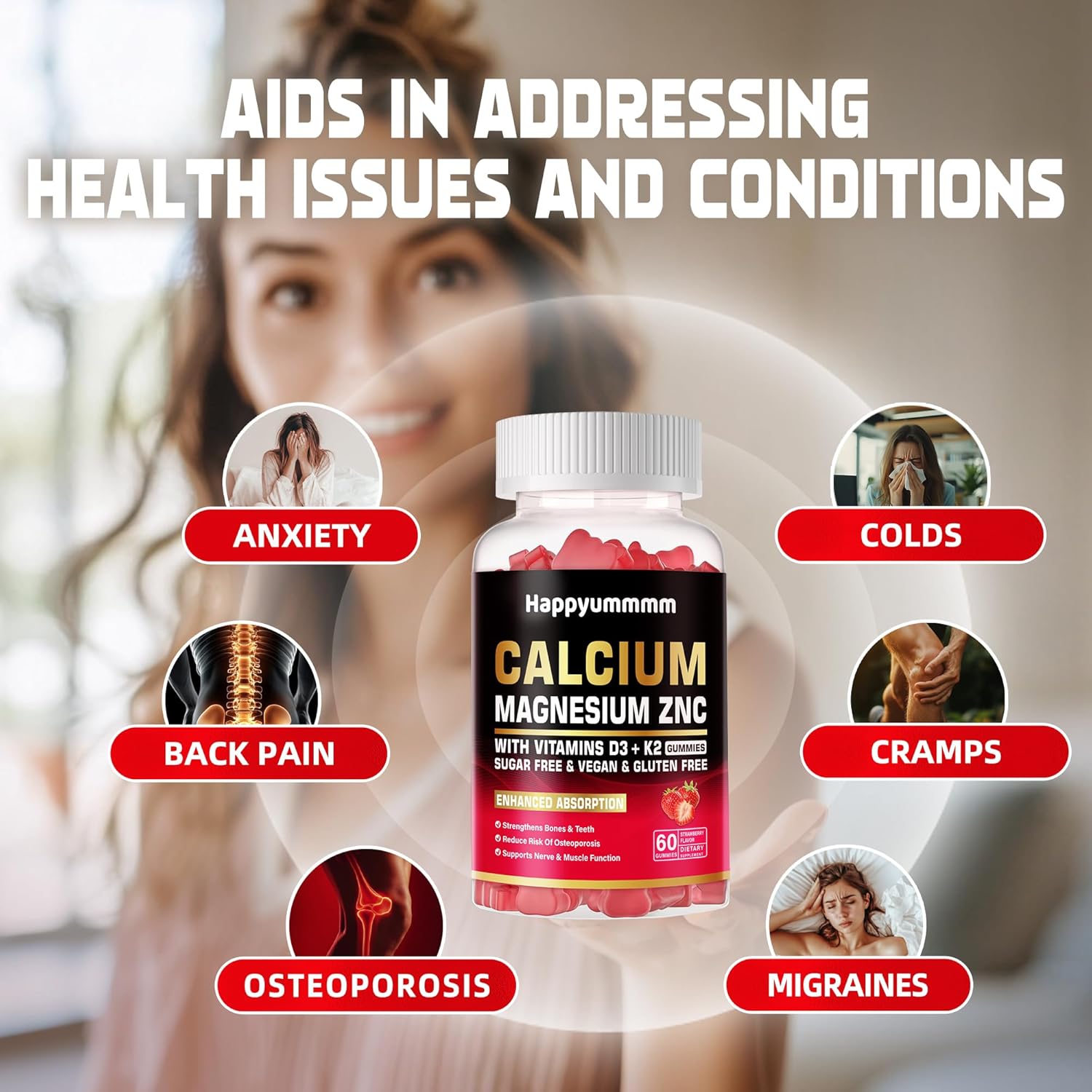 High Potency Calcium Magnesium Zinc Gummies with Vitamin D3 & K2 - 60 Strawberry Flavored Gummies for Enhanced Absorption