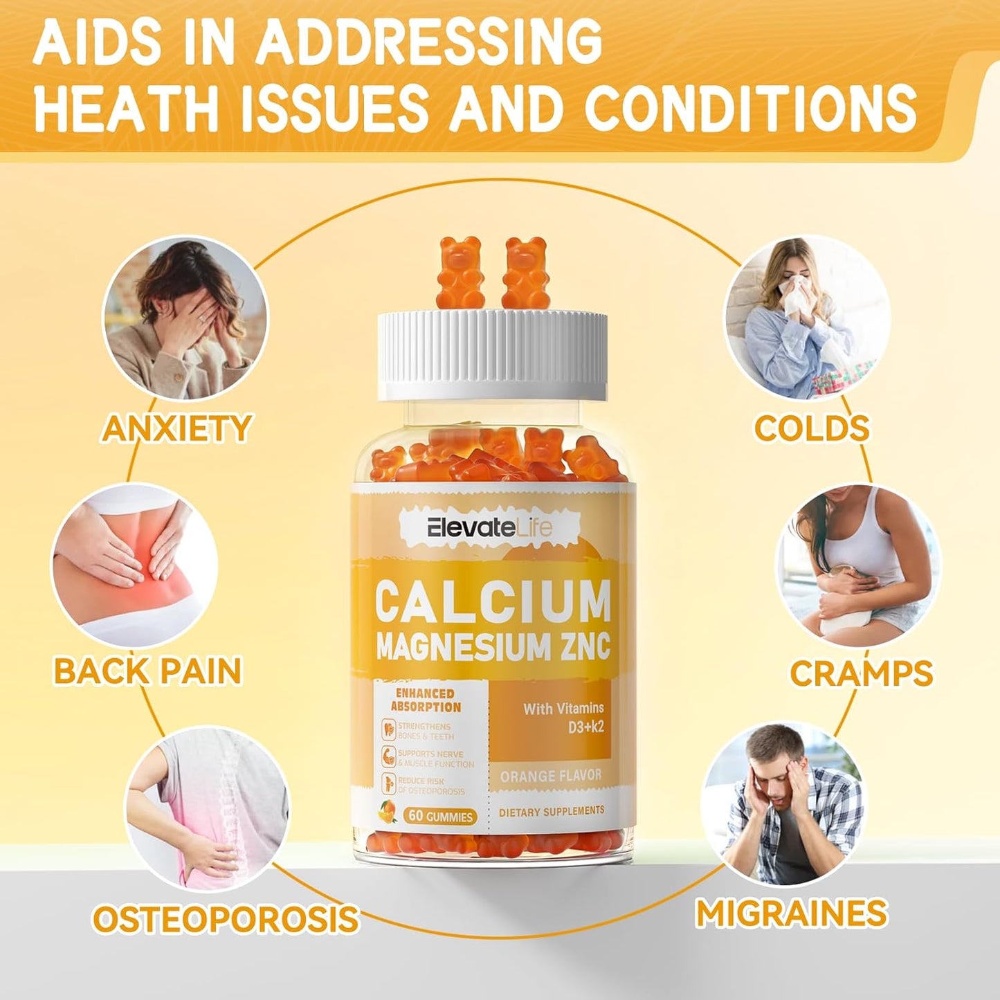 High Potency Calcium Magnesium Zinc Gummies with Vitamin D3 & K2 for Enhanced Absorption - 60 Orange Flavored Gummies