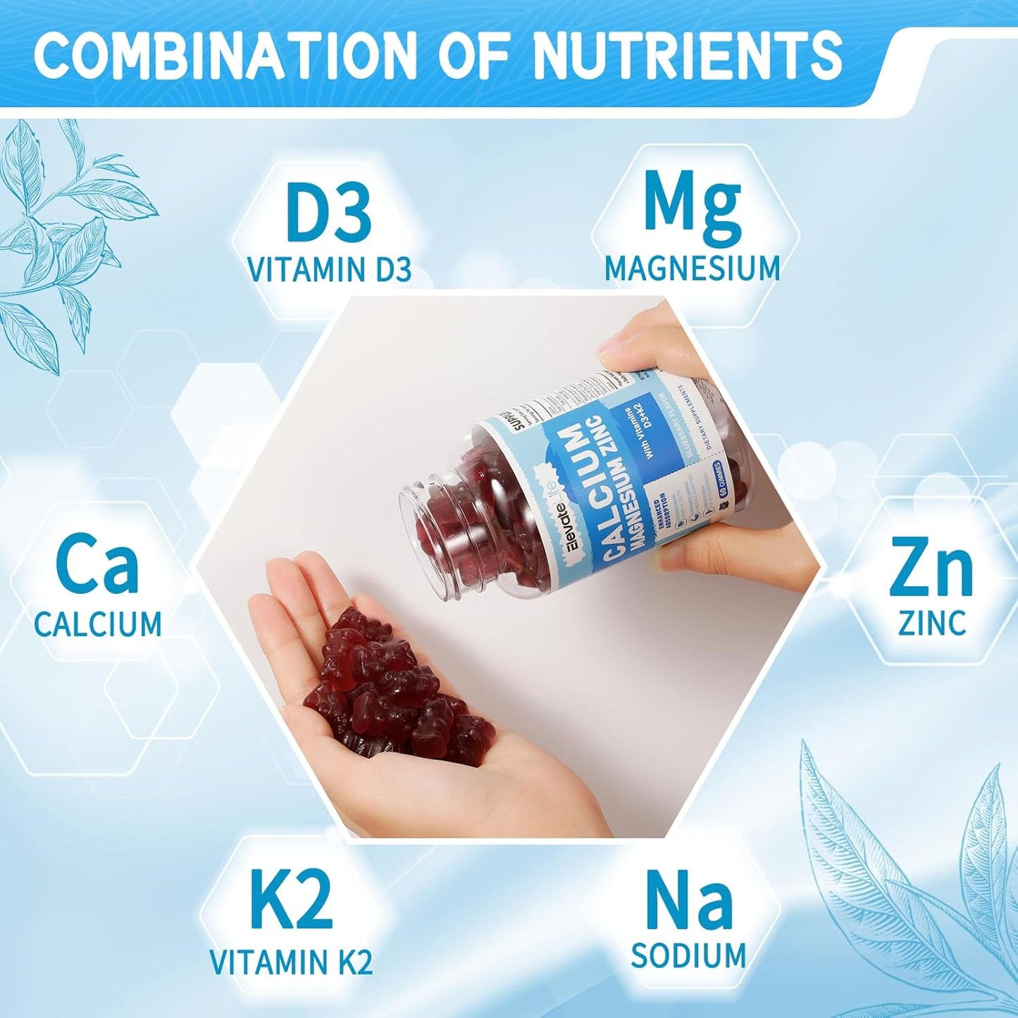High Potency Calcium Magnesium Zinc Gummies with Vitamin D3 & K2 for Enhanced Absorption - Blueberry Flavored - 60 Gummies