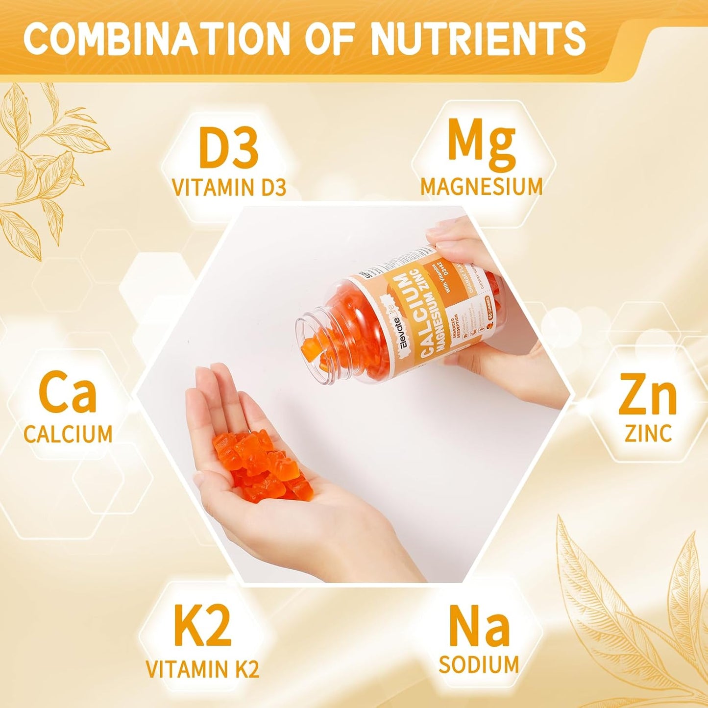 High Potency Calcium Magnesium Zinc Gummies with Vitamin D3 & K2 for Enhanced Absorption - 60 Orange Flavored Gummies