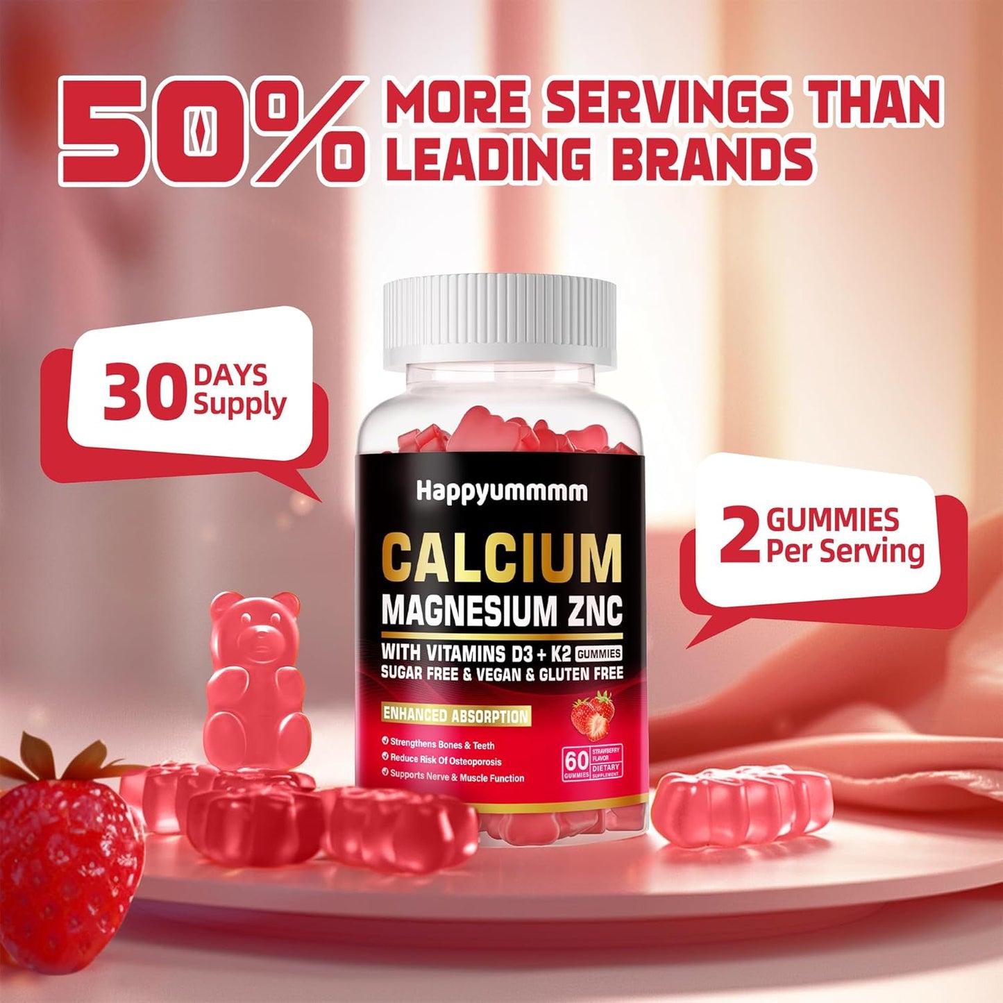 High Potency Calcium Magnesium Zinc Gummies with Vitamin D3 & K2 - 60 Strawberry Flavored Gummies for Enhanced Absorption