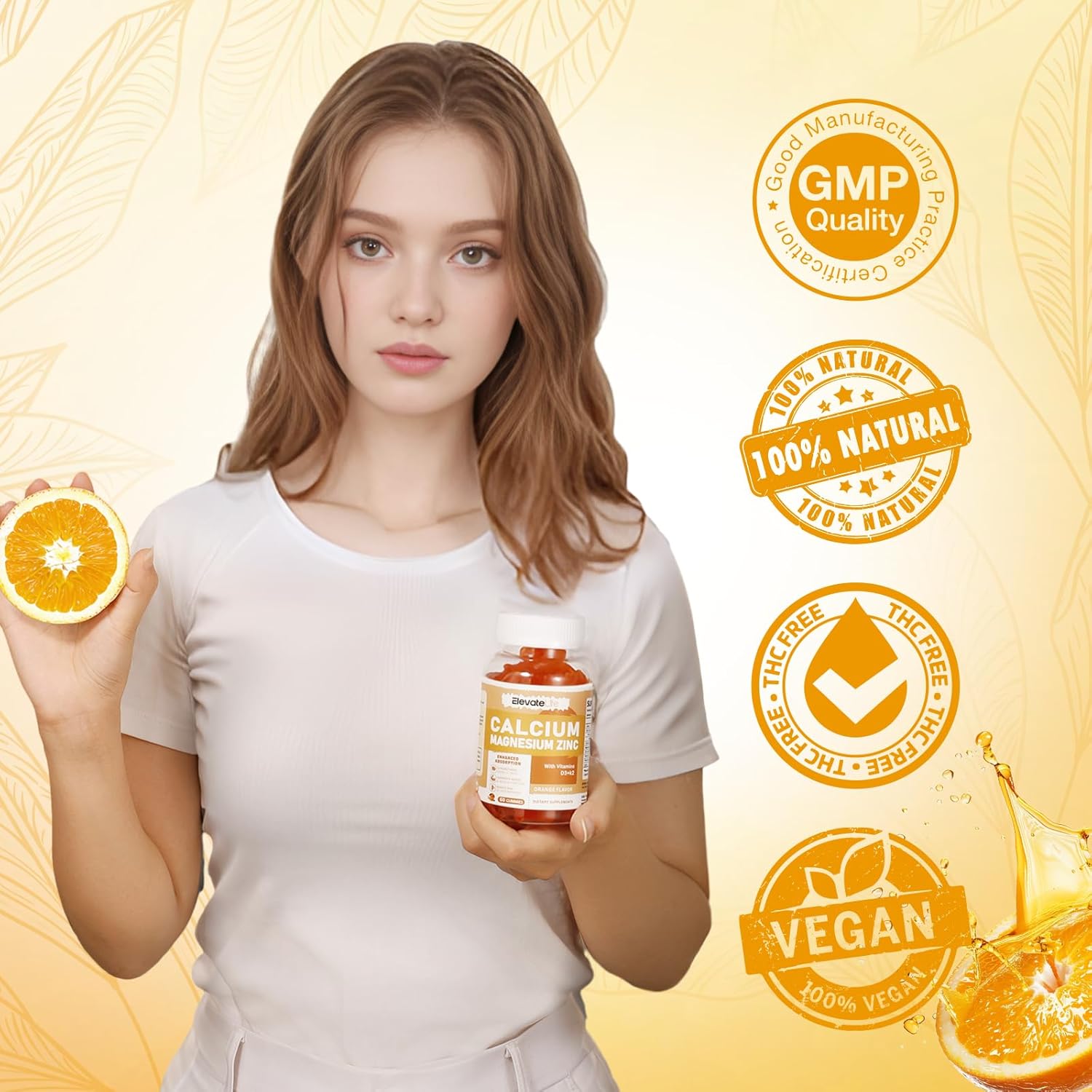 High Potency Calcium Magnesium Zinc Gummies with Vitamin D3 & K2 for Enhanced Absorption - 60 Orange Flavored Gummies