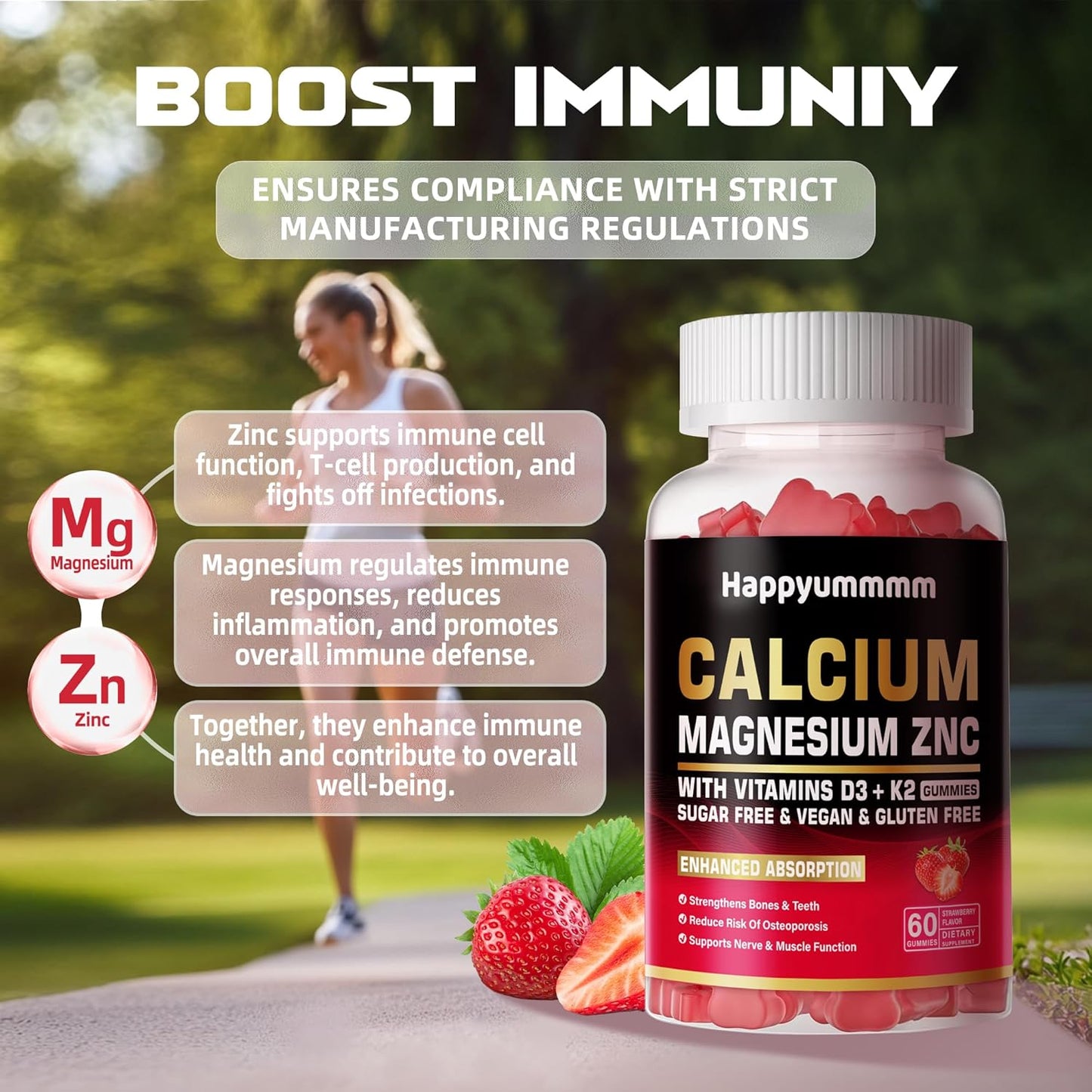 High Potency Calcium Magnesium Zinc Gummies with Vitamin D3 & K2 - 60 Strawberry Flavored Gummies for Enhanced Absorption