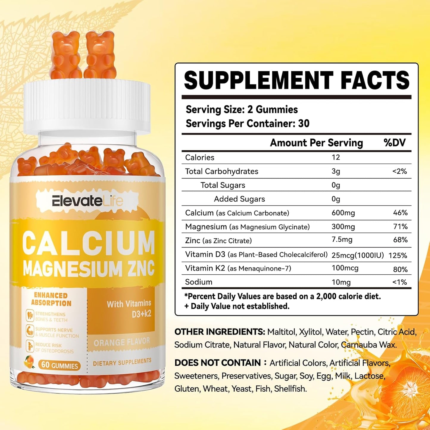 High Potency Calcium Magnesium Zinc Gummies with Vitamin D3 & K2 for Enhanced Absorption - 60 Orange Flavored Gummies