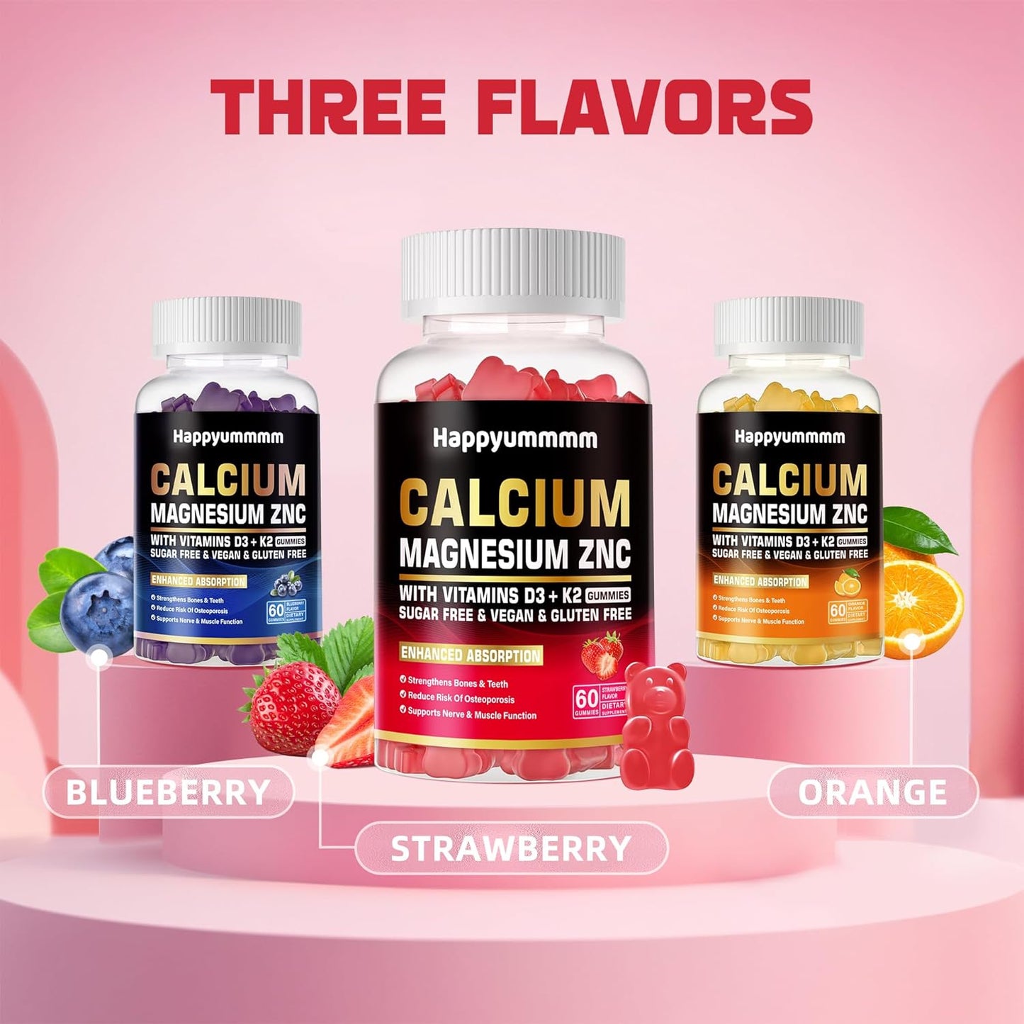 High Potency Calcium Magnesium Zinc Gummies with Vitamin D3 & K2 - 60 Strawberry Flavored Gummies for Enhanced Absorption