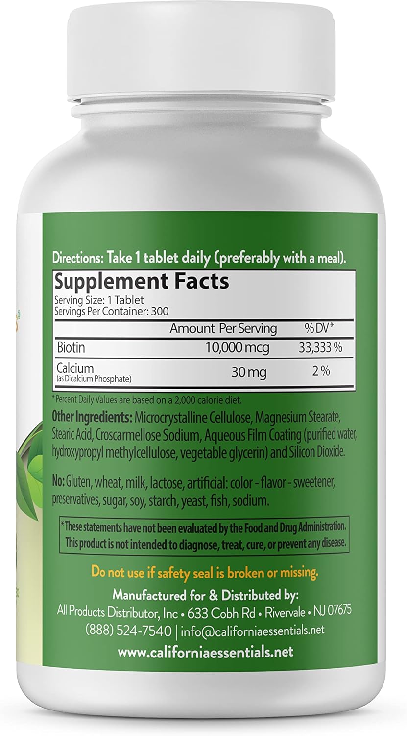 High Potency California Essentials Biotin 10000mcg Supplement for Healthy Skin, Hair & Nails - Non-GMO, Vegan, Gluten & Dairy Free - 300 Tablets