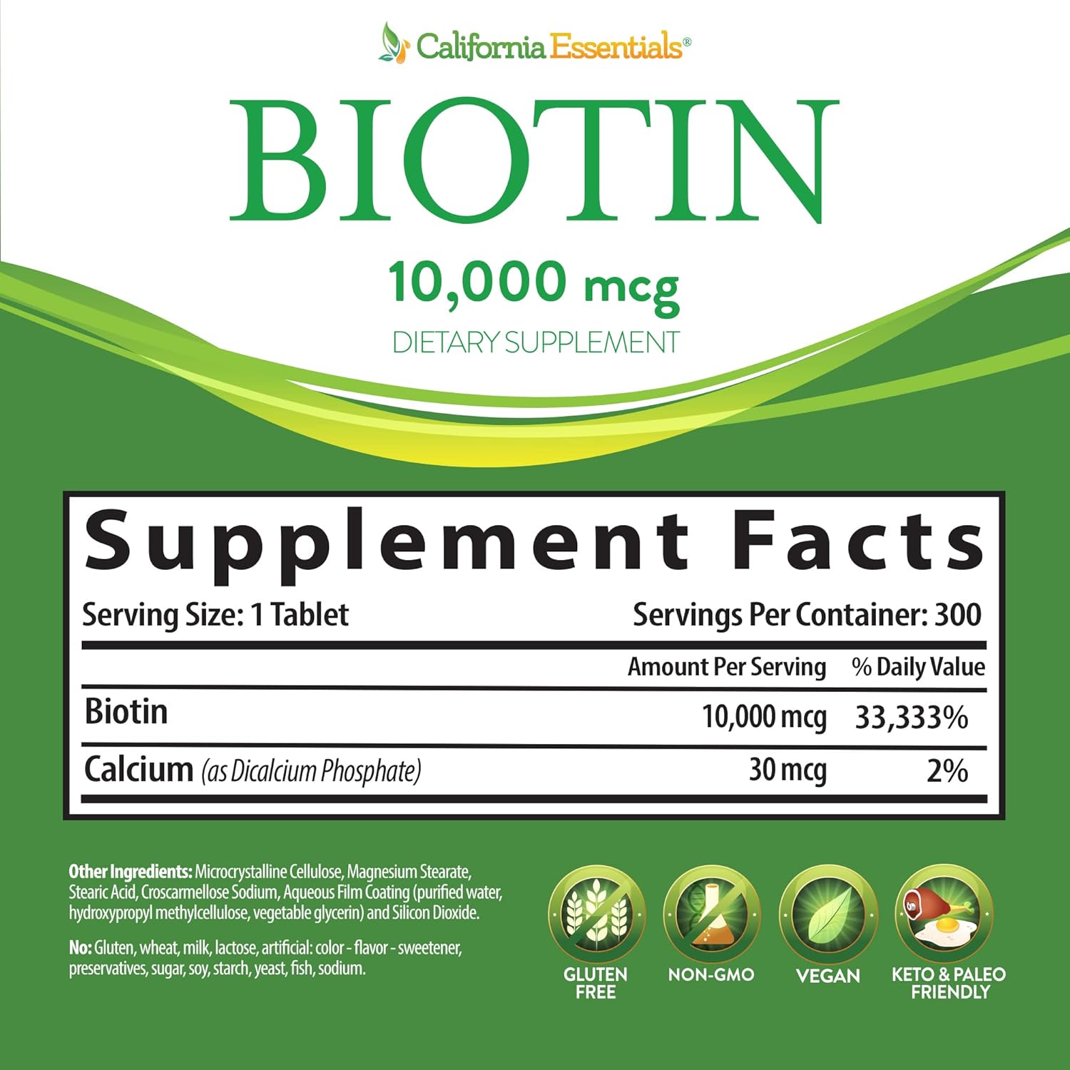 High Potency California Essentials Biotin 10000mcg Supplement for Healthy Skin, Hair & Nails - Non-GMO, Vegan, Gluten & Dairy Free - 300 Tablets