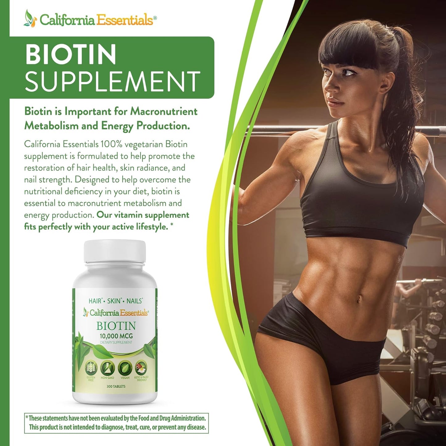 High Potency California Essentials Biotin 10000mcg Supplement for Healthy Skin, Hair & Nails - Non-GMO, Vegan, Gluten & Dairy Free - 300 Tablets