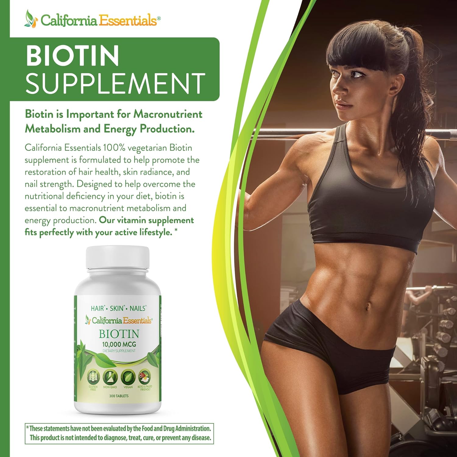 High Potency California Essentials Biotin 10000mcg Supplement for Healthy Skin, Hair & Nails - Non-GMO, Vegan, Gluten & Dairy Free - 300 Tablets