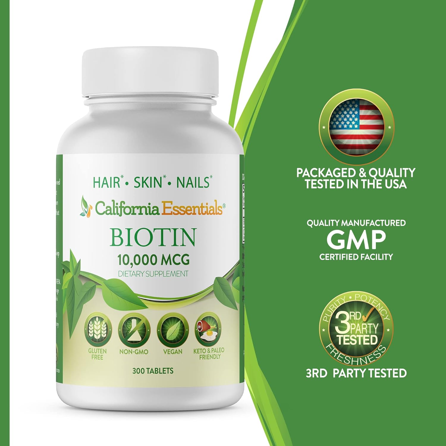 High Potency California Essentials Biotin 10000mcg Supplement for Healthy Skin, Hair & Nails - Non-GMO, Vegan, Gluten & Dairy Free - 300 Tablets