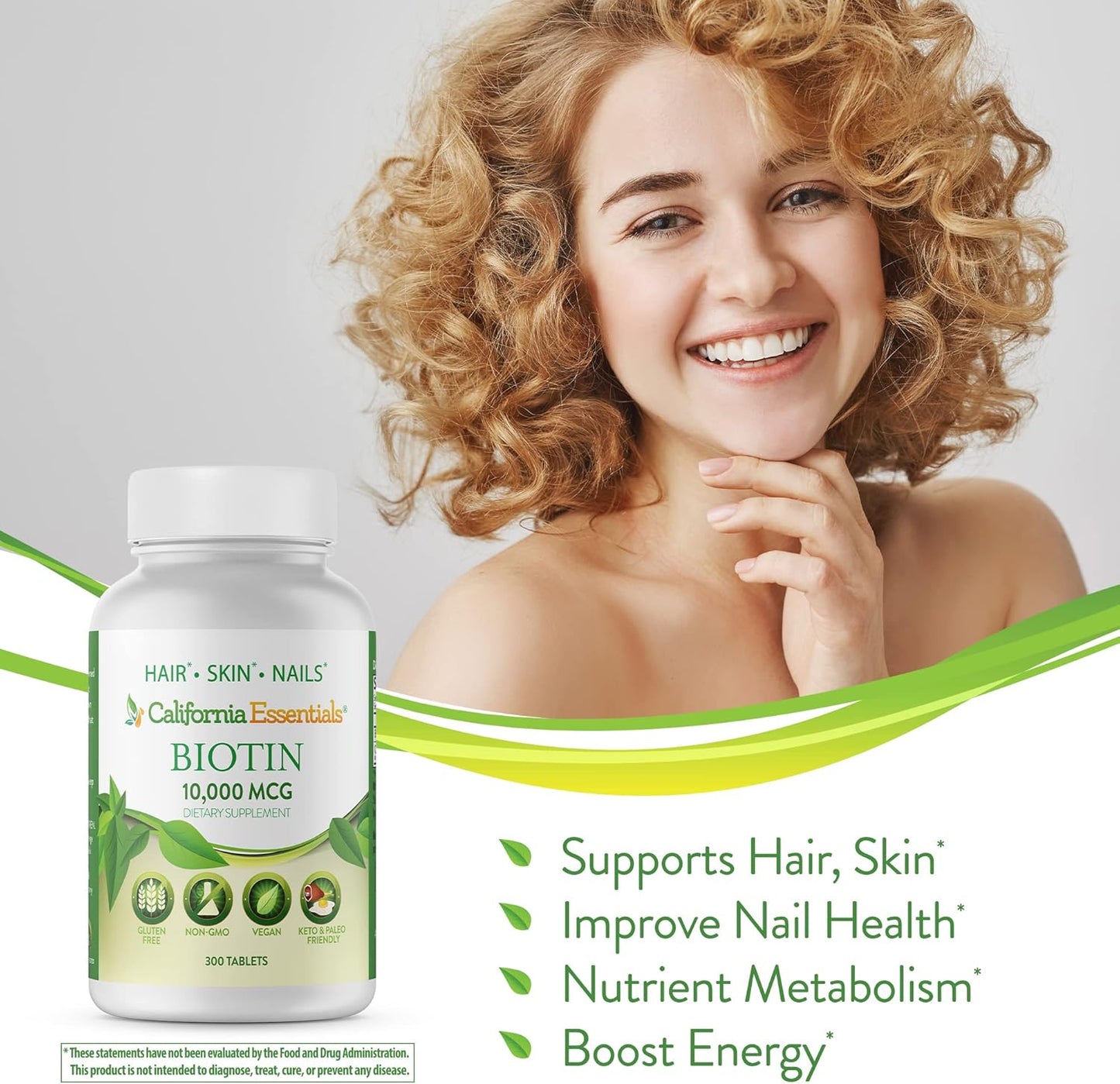 High Potency California Essentials Biotin 10000mcg Supplement for Healthy Skin, Hair & Nails - Non-GMO, Vegan, Gluten & Dairy Free - 300 Tablets