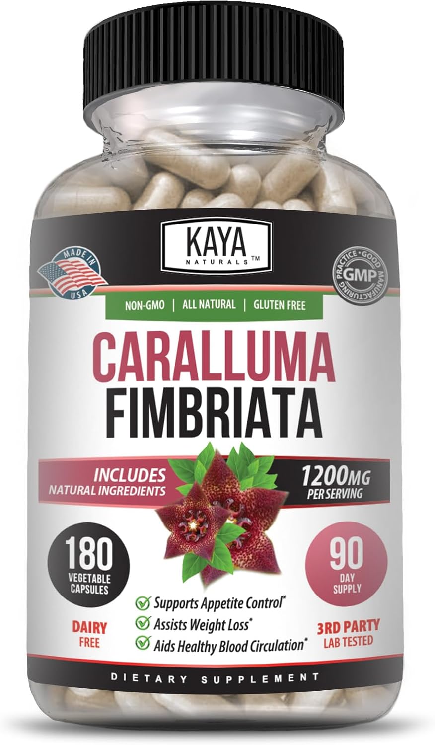 High Potency Caralluma Fimbriata 1200mg Supplement for Natural Endurance Support - 180 Vegetarian Capsules by Kaya Naturals