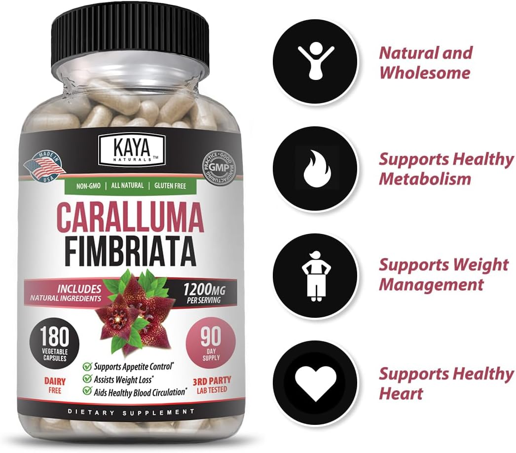 High Potency Caralluma Fimbriata 1200mg Supplement for Natural Endurance Support - 180 Vegetarian Capsules by Kaya Naturals