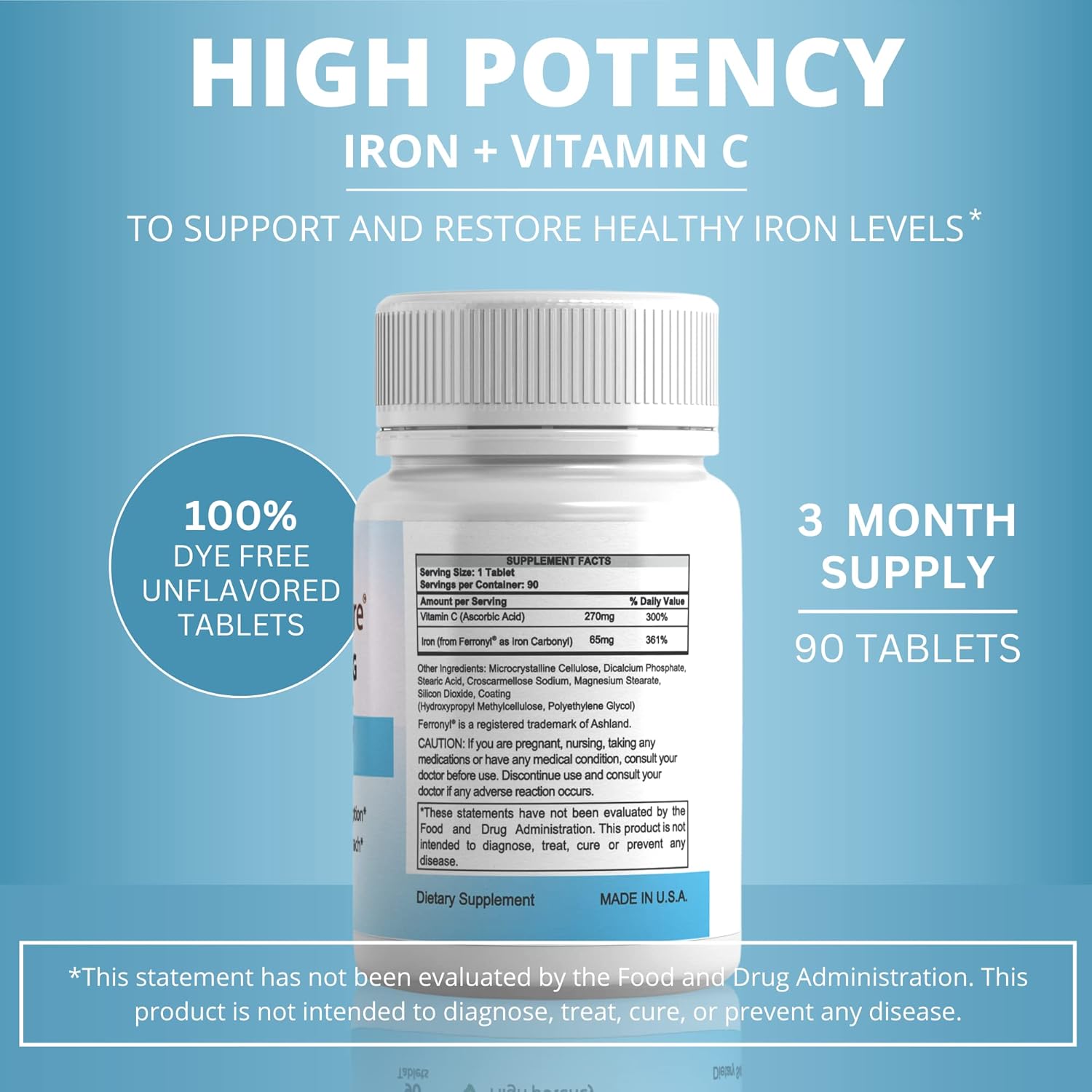 High Potency Carbonyl Iron Tablet with Vitamin C for Women/Men | 90 Day Supply | Bariatric Vitamins for WLS Patients | Dye-Free Iron Supplement