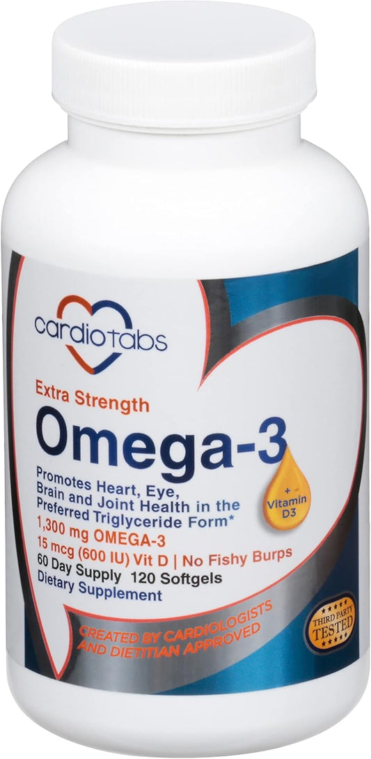 High Potency CardioTabs Omega-3 with Vitamin D3 - 1300mg Triglyceride Form, 600 DHA / 600 EPA, 600 IU Vitamin D3