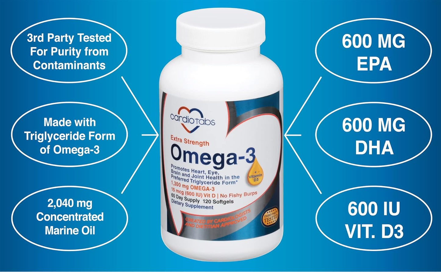 High Potency CardioTabs Omega-3 with Vitamin D3 - 1300mg Triglyceride Form, 600 DHA / 600 EPA, 600 IU Vitamin D3