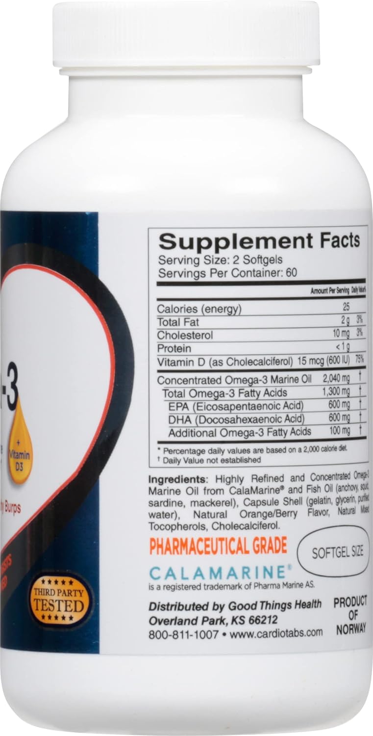 High Potency CardioTabs Omega-3 with Vitamin D3 - 1300mg Triglyceride Form, 600 DHA / 600 EPA, 600 IU Vitamin D3