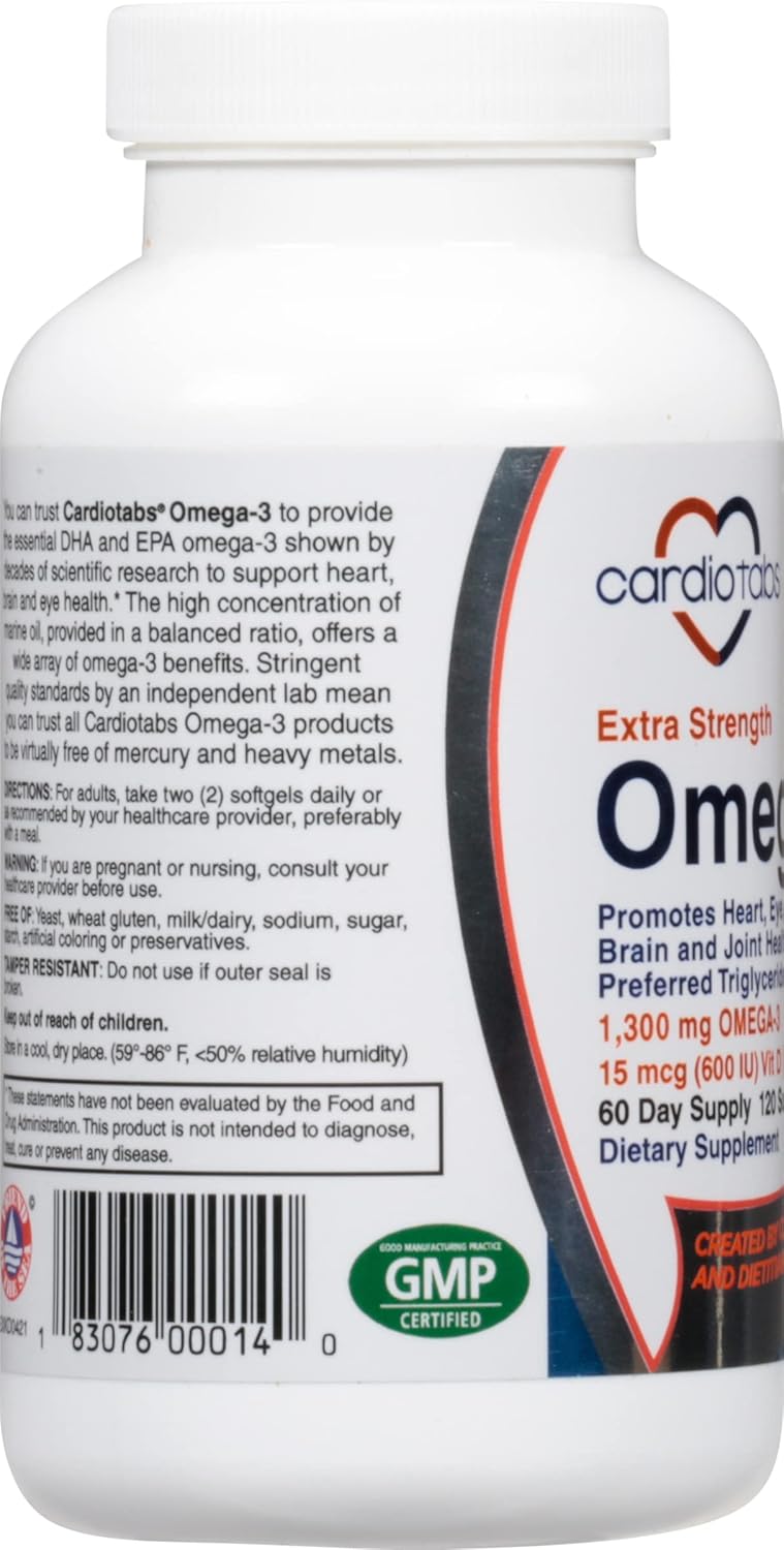 High Potency CardioTabs Omega-3 with Vitamin D3 - 1300mg Triglyceride Form, 600 DHA / 600 EPA, 600 IU Vitamin D3
