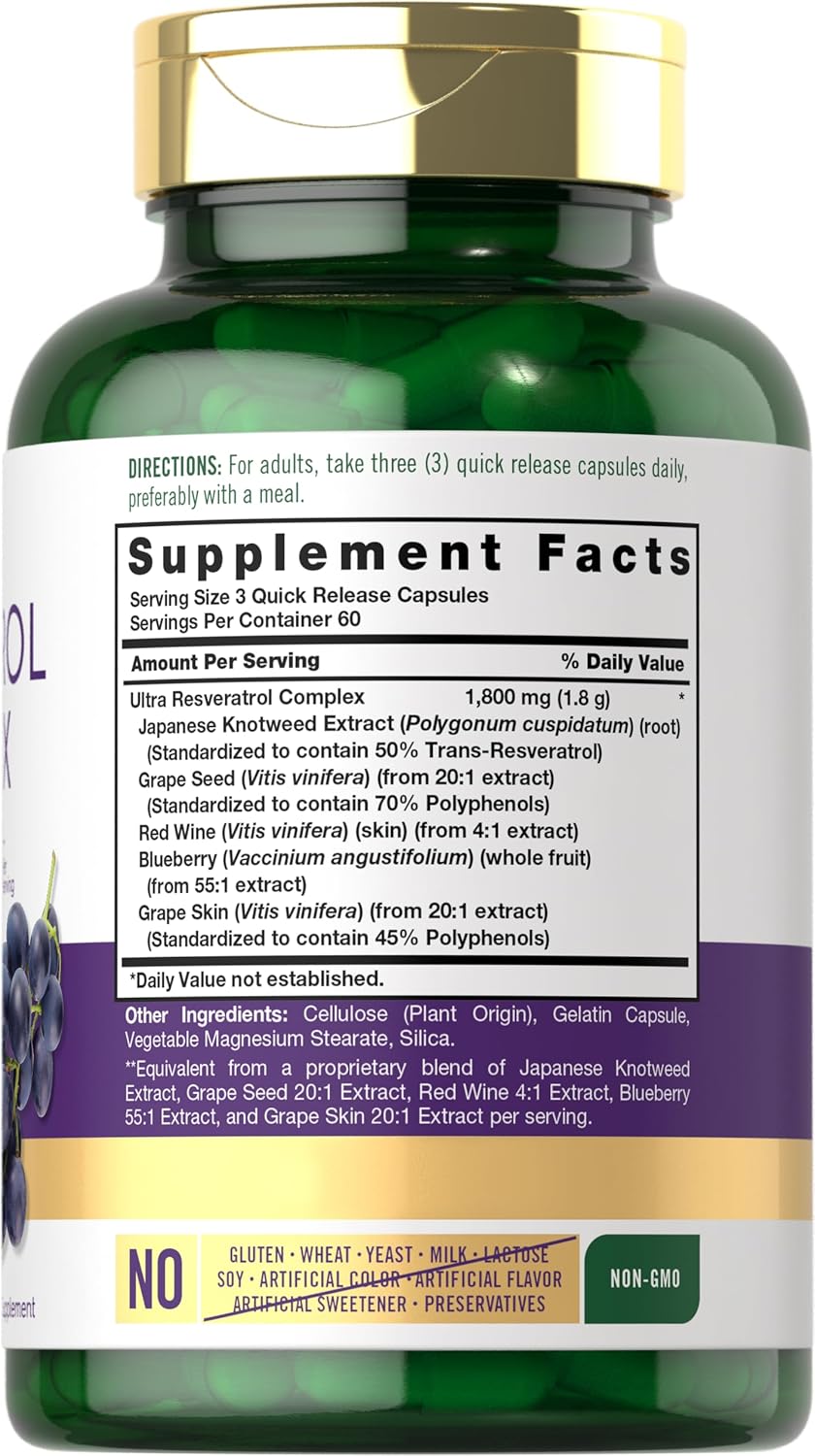 High Potency Carlyle Resveratrol Supplement - 1800mg, 180 Capsules - Non-GMO & Gluten Free Formula