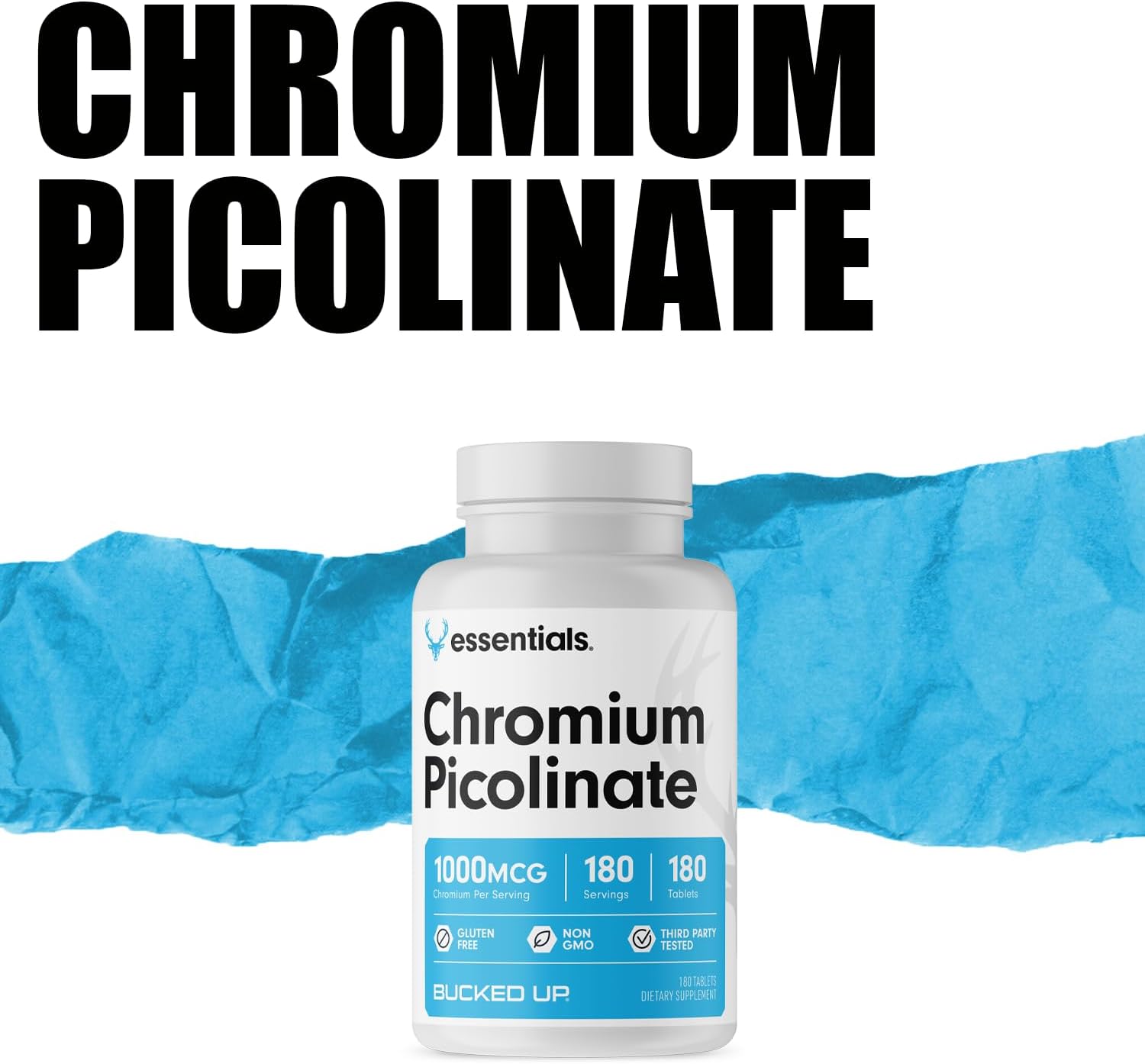 High Potency Chromium Picolinate 1000mcg, Bucked Up Essentials - 180 Tablets (180 Servings)