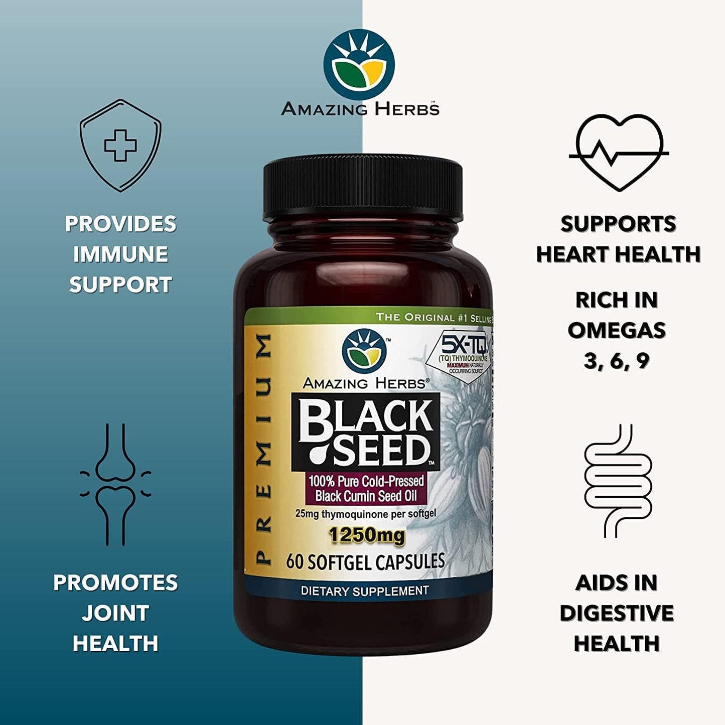 High Potency Cold Pressed Black Seed Oil Capsules for Digestive Health, Immune Support & Brain Function - 60 Count, 1250mg (2 Pack)