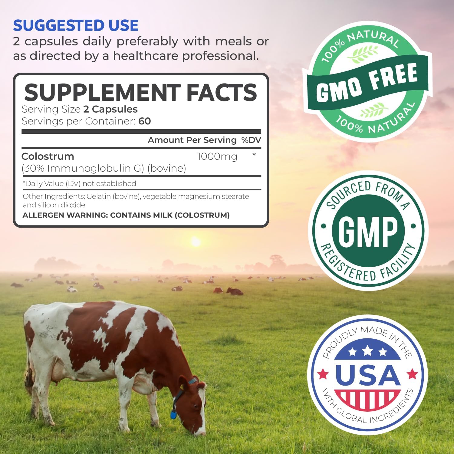 High Potency Colostrum Capsules - 1,000mg (Non-GMO) with 30% IgG Immunoglobulins - Supports Immune System, Gut & Respiratory Health - 120 Capsules