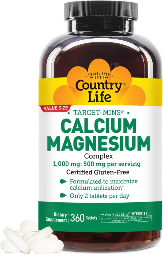 High-Potency Country Life Calcium Magnesium Supplement, Gluten Free, 2:1 Ratio for Bone Health, 1000mg Calcium, 500mg Magnesium