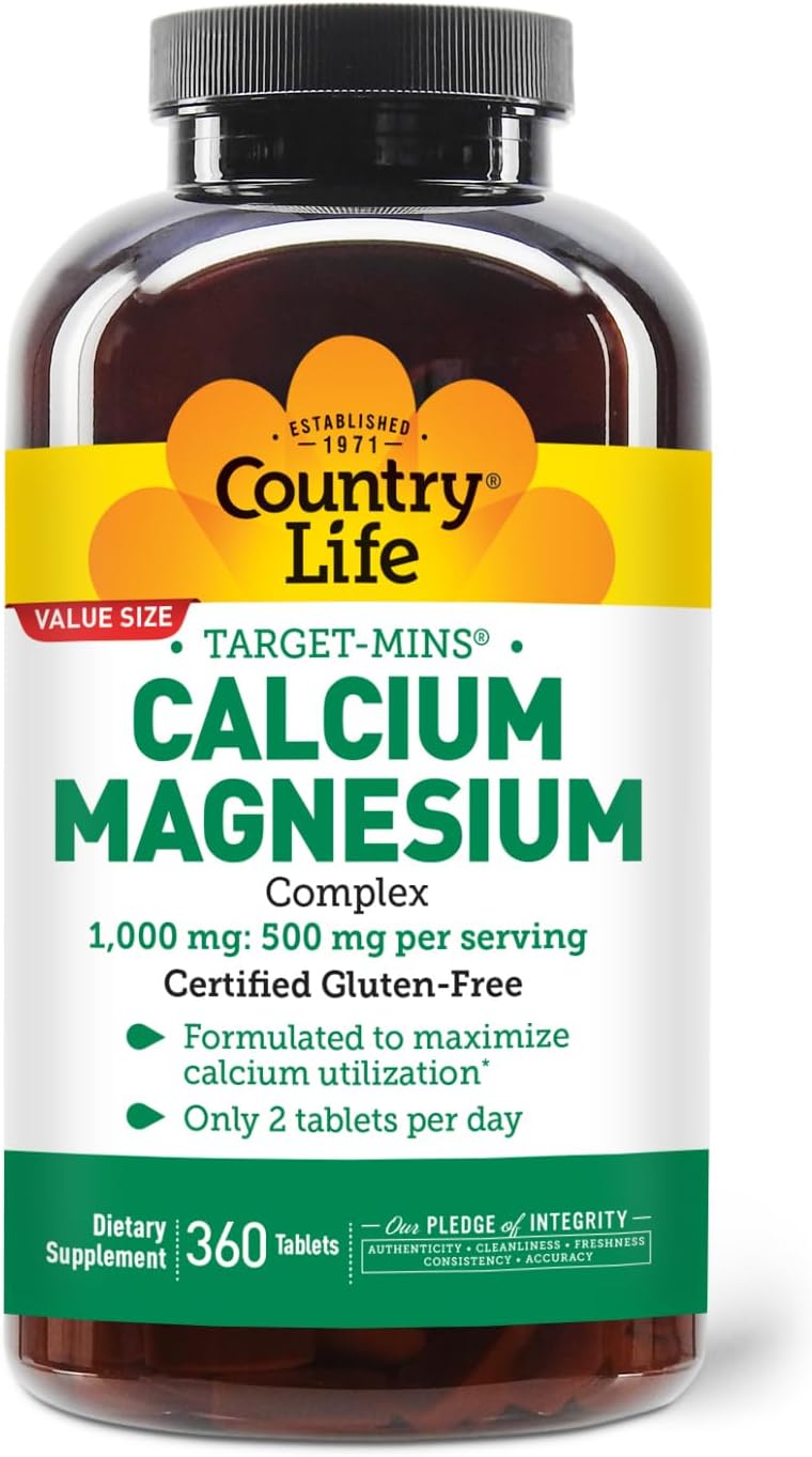 High-Potency Country Life Calcium Magnesium Supplement, Gluten Free, 2:1 Ratio for Bone Health, 1000mg Calcium, 500mg Magnesium