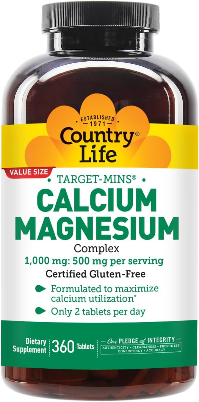 High-Potency Country Life Calcium Magnesium Supplement, Gluten Free, 2:1 Ratio for Bone Health, 1000mg Calcium, 500mg Magnesium