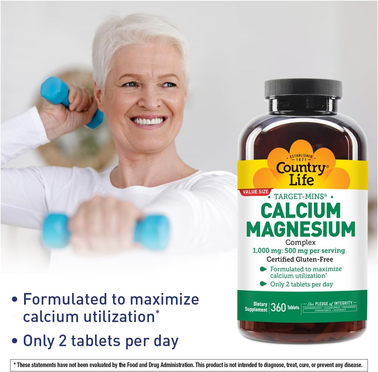 High-Potency Country Life Calcium Magnesium Supplement, Gluten Free, 2:1 Ratio for Bone Health, 1000mg Calcium, 500mg Magnesium