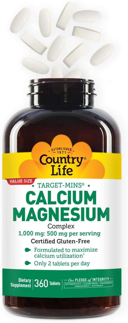 High-Potency Country Life Calcium Magnesium Supplement, Gluten Free, 2:1 Ratio for Bone Health, 1000mg Calcium, 500mg Magnesium