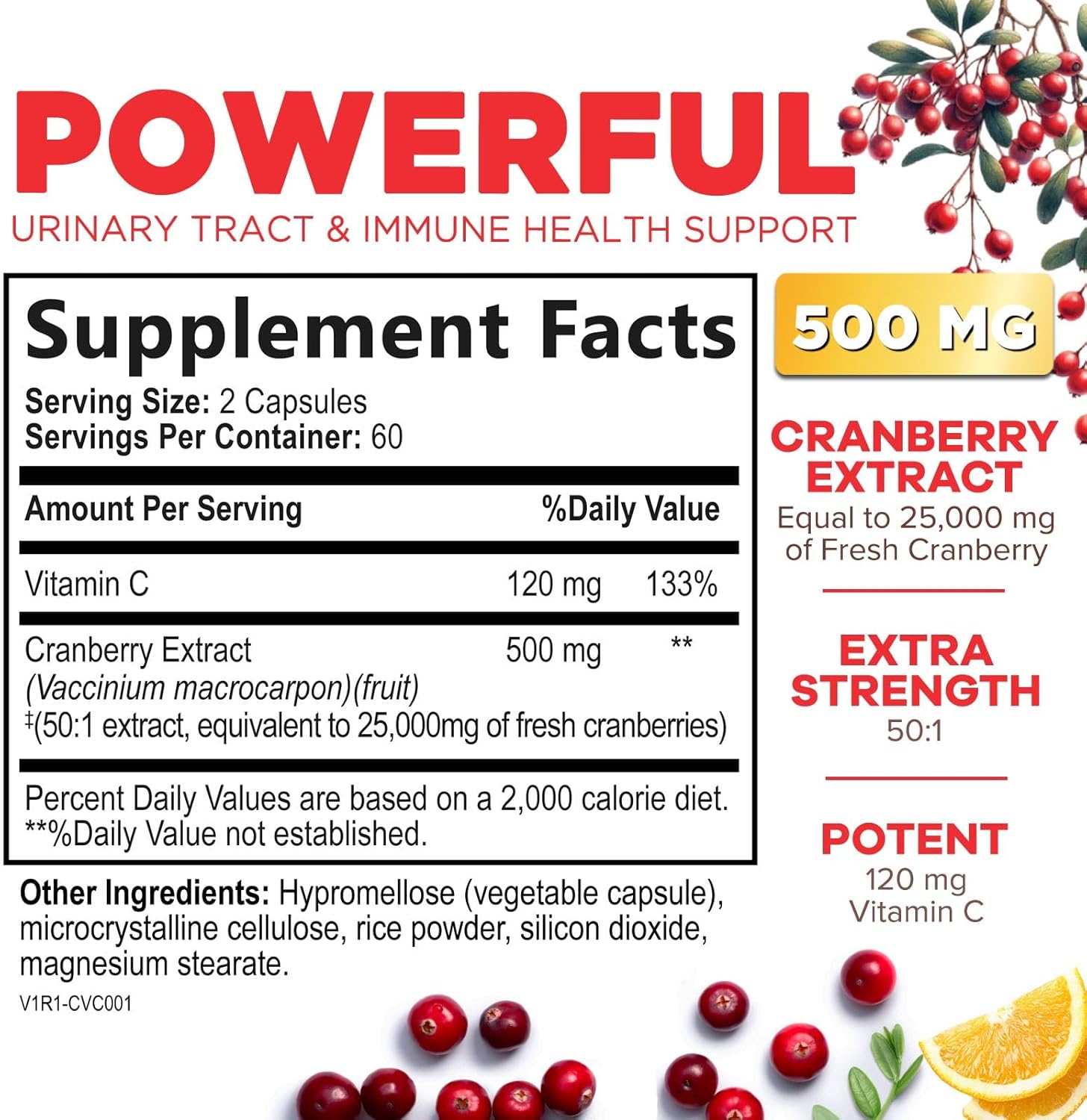 High Potency Cranberry Pills with Vitamin C - 25,000mg Concentrate Extract - Supports Urinary Tract Health - Natural Supplement for Men & Women - 120 Capsules