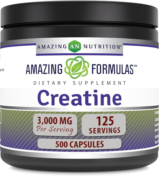 High Potency Creatine 3000mg Per Serving 500 Capsules | Amazing Nutrition Formula | Non-GMO & Gluten Free | USA-Made Supplement