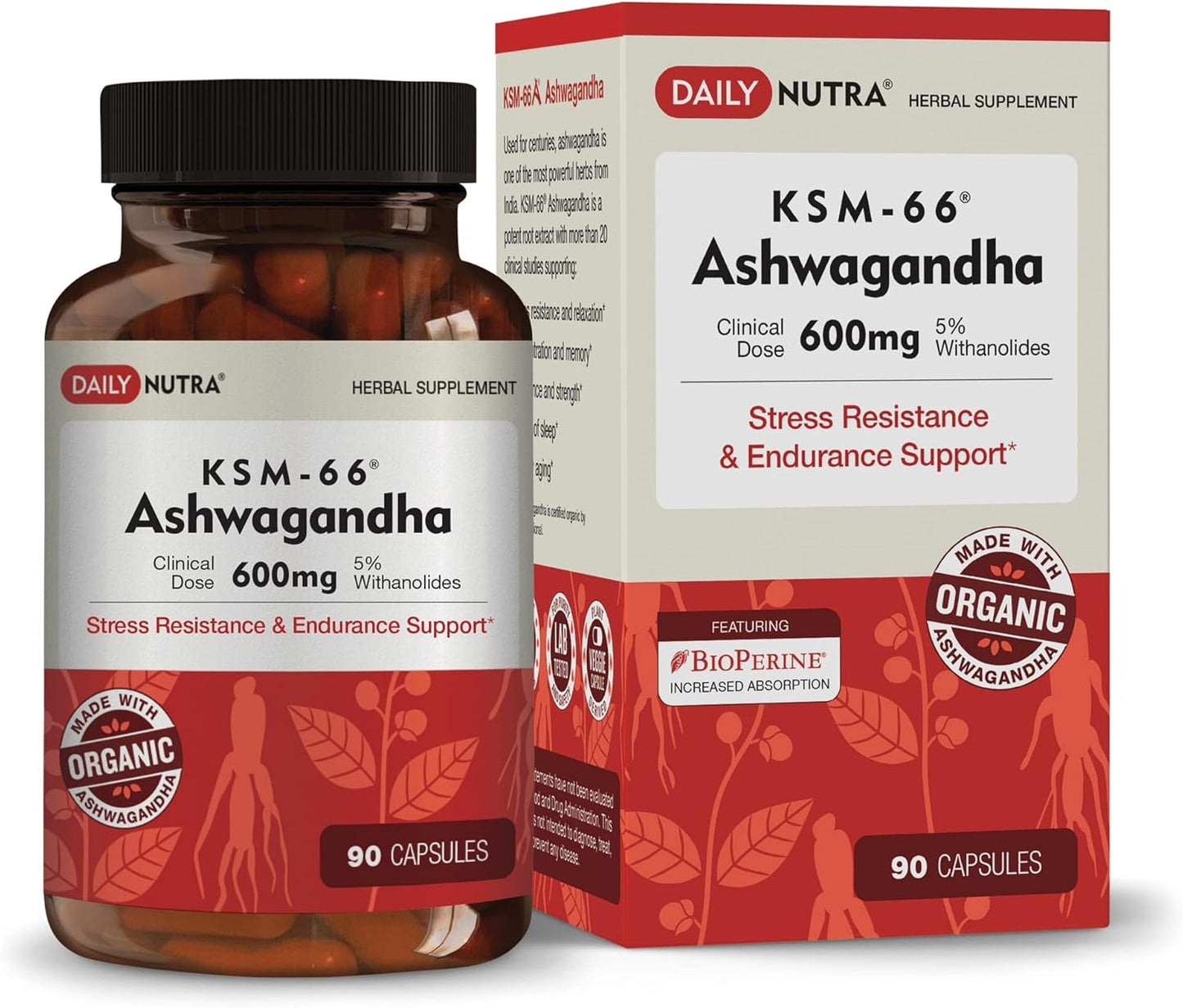 High Potency DailyNutra KSM-66 Ashwagandha Organic Root Extract Capsules - Supports Relaxation, Focus, & Energy - 90 Count