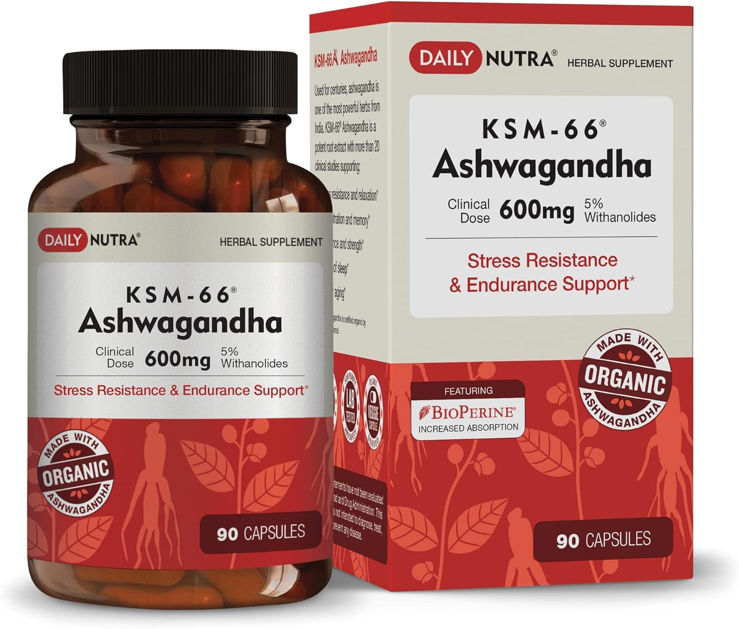 High Potency DailyNutra KSM-66 Ashwagandha Organic Root Extract Capsules - Supports Relaxation, Focus, & Energy - 90 Count