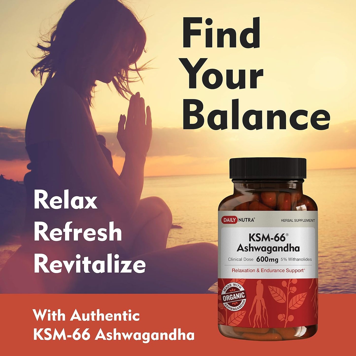 High Potency DailyNutra KSM-66 Ashwagandha Organic Root Extract Capsules - Supports Relaxation, Focus, & Energy - 90 Count