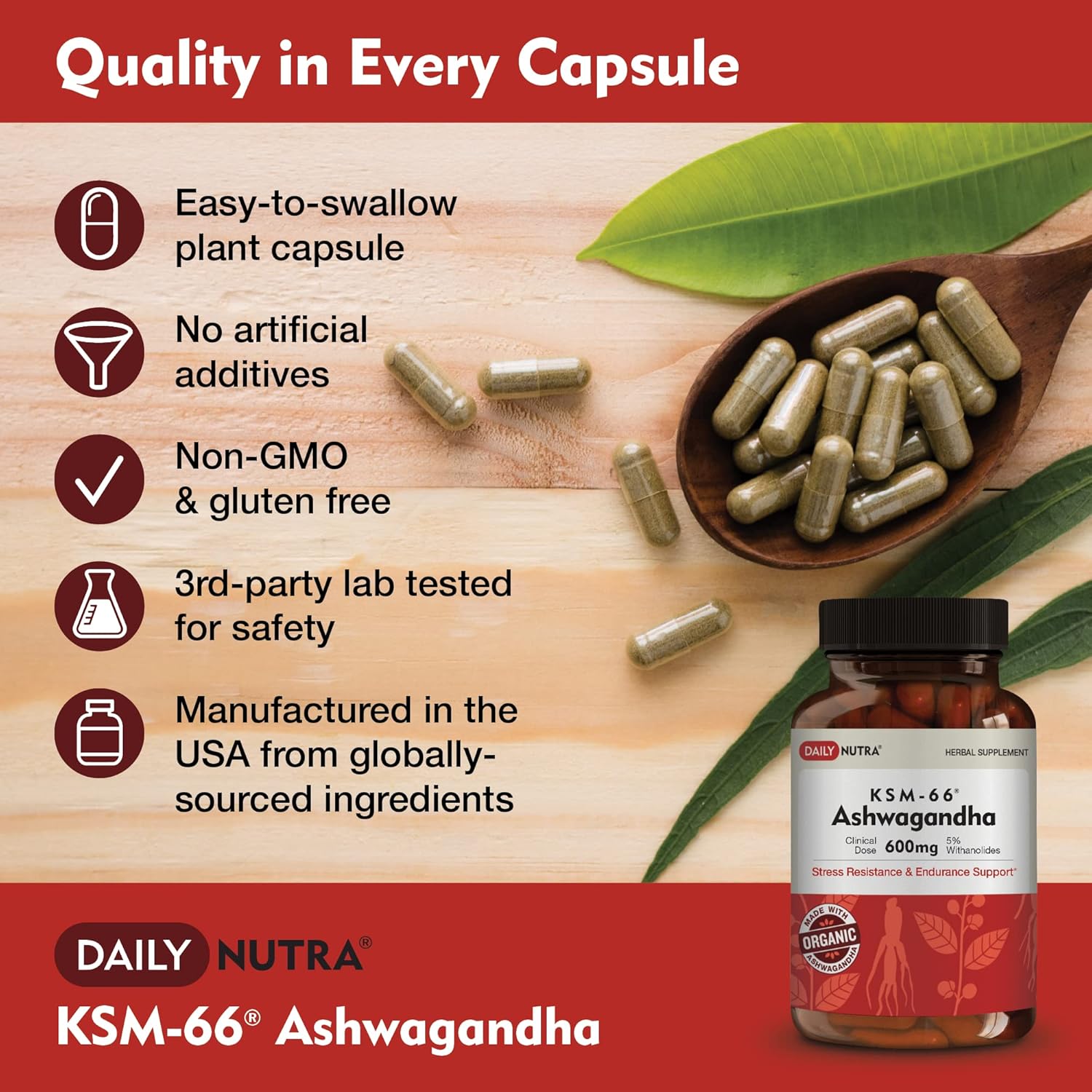 High Potency DailyNutra KSM-66 Ashwagandha Organic Root Extract Capsules - Supports Relaxation, Focus, & Energy - 90 Count
