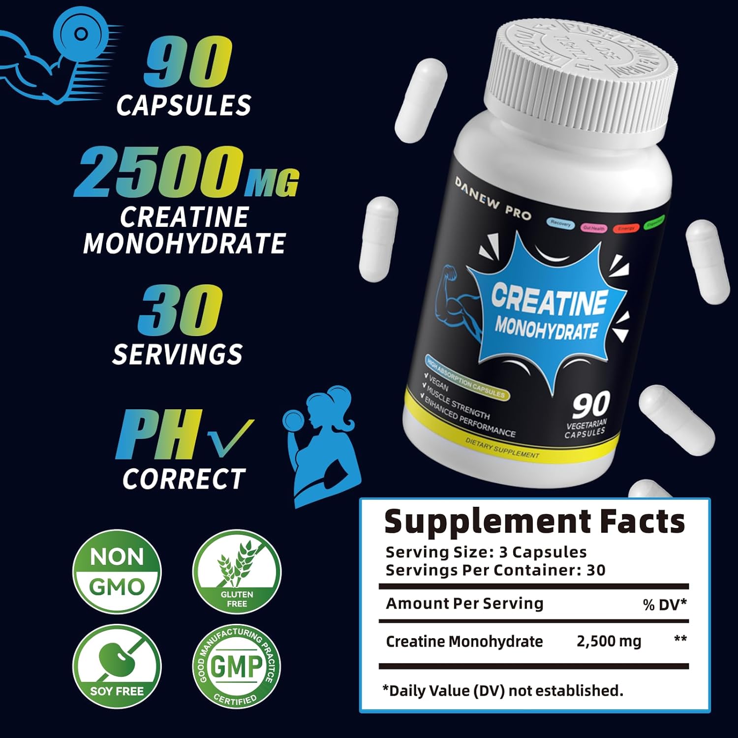 High Potency DANEW Pro Creatine Monohydrate Capsules - 90 Count, Gluten Free & Non-GMO Formula, 2500mg Per Serving