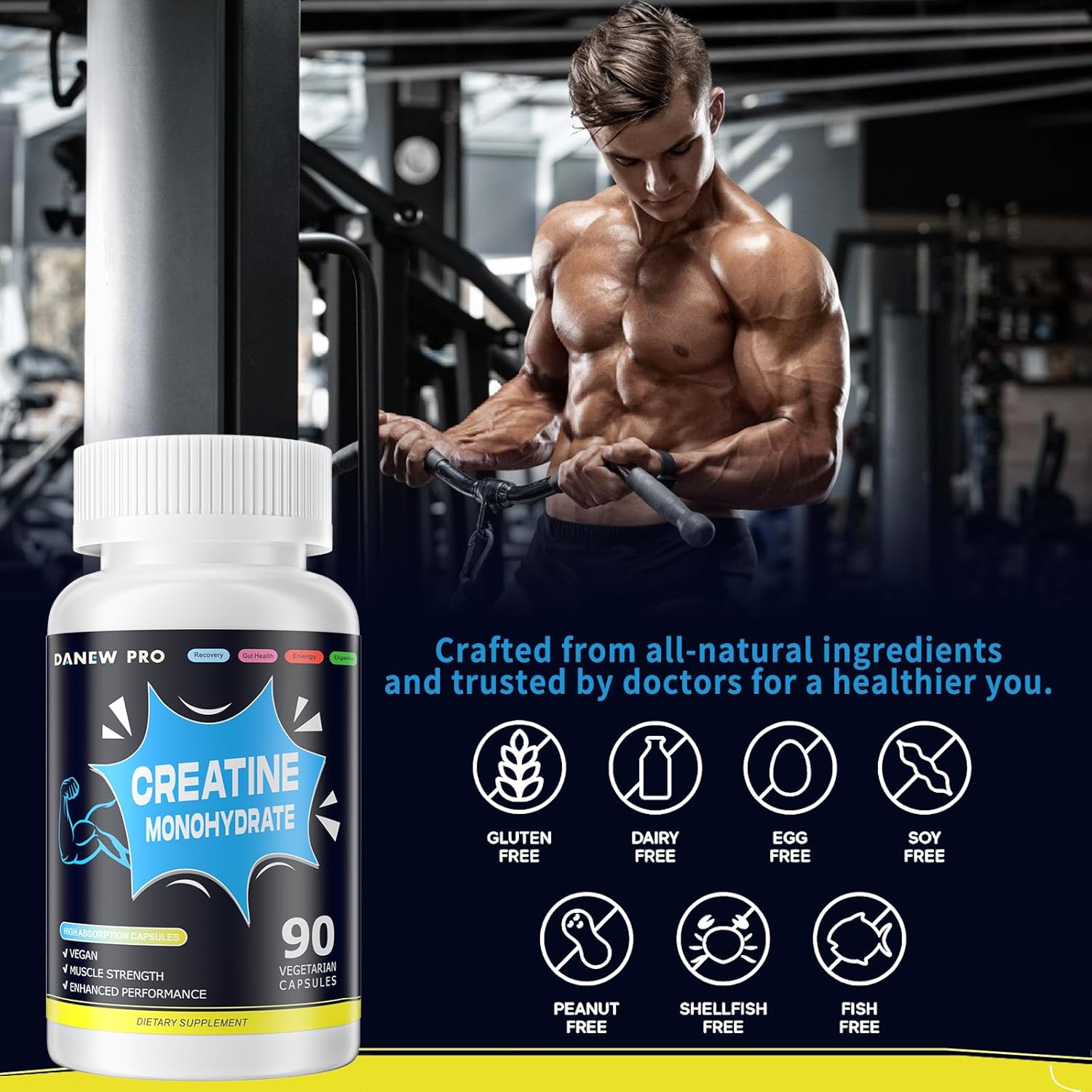 High Potency DANEW Pro Creatine Monohydrate Capsules - 90 Count, Gluten Free & Non-GMO Formula, 2500mg Per Serving