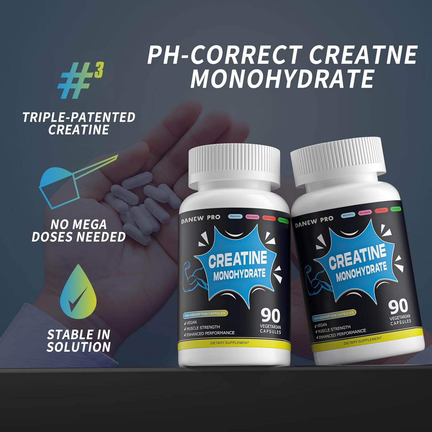 High Potency DANEW Pro Creatine Monohydrate Capsules - 90 Count, Gluten Free & Non-GMO Formula, 2500mg Per Serving